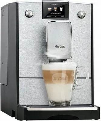 A Nivona CafeRomatica coffee machine with a latte macchiato in a glass mug.