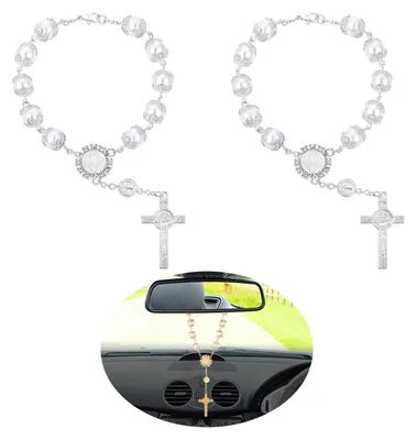 Produktbild von Auto-Rosenkranz für Rückspiegel, 2 Stück, Kreuz-Anhänger, weiß