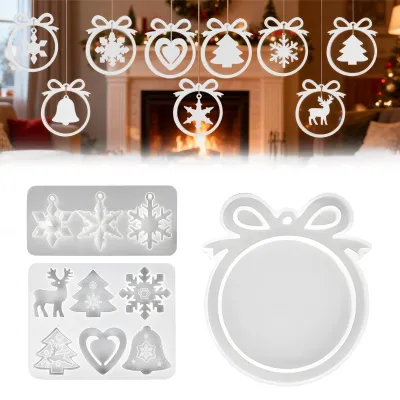Image de Lot de 3 moules en silicone pour décorations de Noël comprenant un sapin, un flocon de neige et un cœur, pour réaliser soi-même des décorations en résine et des décorations de Noël.