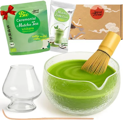 Obrázek produktu pro Matcha sada ze strukturovaného skla s efektem ledu, s bambusovou metličkou, držákem, práškem matcha a kokosovým latté – elegantní set