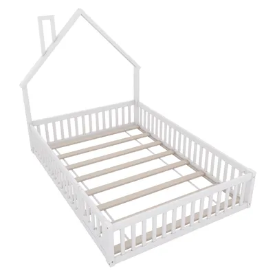 Produktbild von Doppelbett 140x200cm Kinderbett (ohne Matratze) Jugendbett Massivholzbett Hausbett Mit Schornsteinform und Lattenrost Kiefernholz Weiß