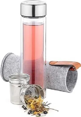 Produktbild von Famanu Glas-Teeflasche mit Filter - 500 ml - Doppelwandige Trinkflasche mit Deckel und Hülle