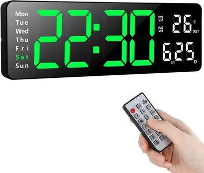Produktbild von Digitale LED Wanduhr 13 Zoll großes Display mit Fernbedienung - Modern Design - Anpassbare Helligkeit - Uhr, Datum, Temperatur - Wohnzimmer, Küche, Büro, Fitnessraum