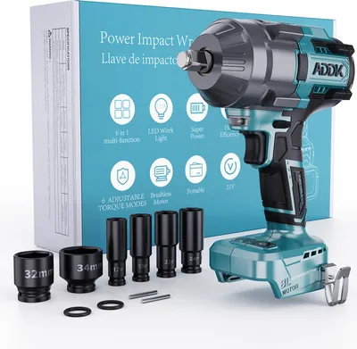 Zdjęcie produktu dla akumulatorowy klucz udarowy 21 V 1/2", bezszczotkowy, 6 ustawień momentu obrotowego, oświetlenie LED, w zestawie 7 nasadek (17-34 mm), zestaw akcesoriów, bez akumulatora i ładowarki