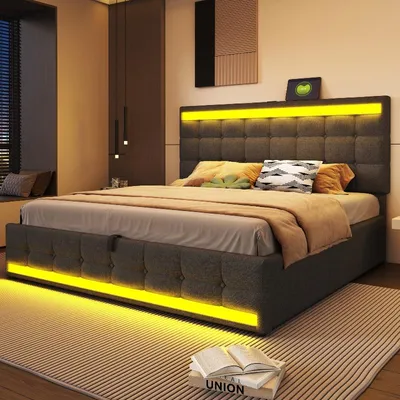Produktbild von Polsterbett 180x200cm grau mit hydraulischem Stauraum, RGB-LED-Lichtstreifen, 2 USB-Anschlüssen und verstellbarem Kopfteil für Schlafzimmer