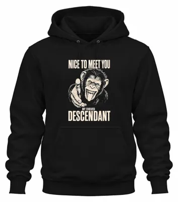 Productafbeelding van Leuk je te ontmoeten, mijn geëvolueerde statement. Sarkasme. Primate. Hoodie, zwart, maat S