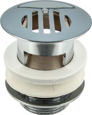 A close-up studio shot of a chrome sink drain assembly with white rubber seals.