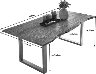 Produktbild von Esstisch Baumkante Massiv Mango naturfarben 180 x 90 schwarz U-Gestell NORINA