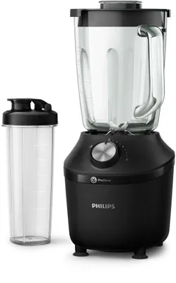 A black Philips blender with a glass jug and a transparent shaker cup are shown on a white background.