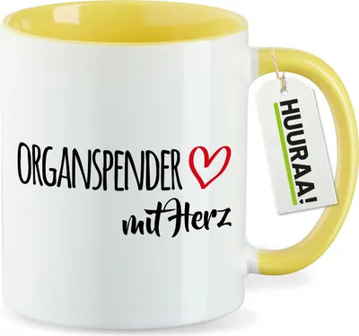 Produktbild von Huuraa Kaffeetasse Organspender mit Herz 330ml Gelb Keramik Kaffeebecher Geschenkidee