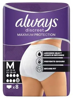 Immagine prodotto di Confezione multipack da 8 paia di slip assorbenti Always Discreet, protezione massima, taglia S/M