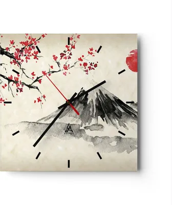 Produktbild von Wanduhr - Quadrat - Glasuhr - Aquarell asiatisch Landschaft - 40x40cm - Schleichendes Uhrwerk - Lautlos - zum Aufhängen bereit - Dekoration Modern - Wanddekoration aus Glas - C3AC40x40-4513