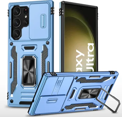 Produktbild von Galaxy S23 Ultra Hülle, Schiebe Kamera Schutz und Ringhalter Ständer Dual Layer Stoßfest Schutzhülle für Samsung Galaxy S23 Ultra Blau