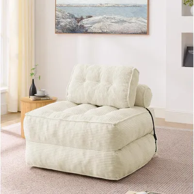 Zdjęcie produktu dla Składany fotel podłogowy 2 w 1 z sztruksu, rozkładana sofa z regulowanym oparciem, wszechstronny jako łóżko dla gości i fotel wypoczynkowy, idealny do salonu i sypialni, beżowy