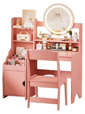 Image de Table de maquillage - Coiffeuse - Organisateur de maquillage - Table de rangement - Ensemble de coiffeuse - Blanc et rose - Avec miroir et tabouret