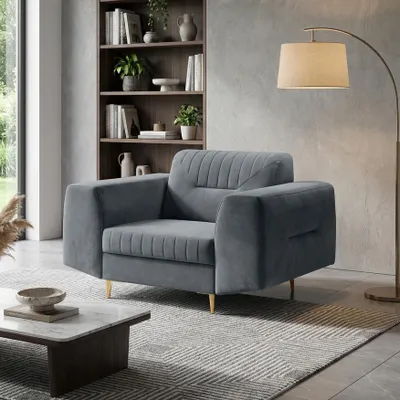 Obrázek produktu pro BEAUTYSOFA | Křeslo VENEZIA Čalouněné křeslo ze sametu, tmavě šedé – Moderní lounge křeslo se zlatými kovovými nohami, pohodlné křeslo do obývacího pokoje