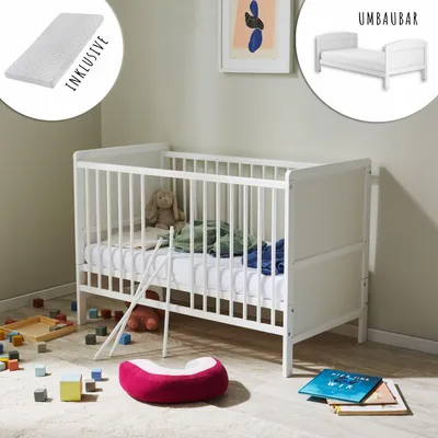 Produktbild von Kinderbett Umbaubar 60x120 cm mit Matratze, Lattenrost und Raufallschutz Vollholz in weiß - 120x60 cm perfekte Größe nach Gitterbett Babybett