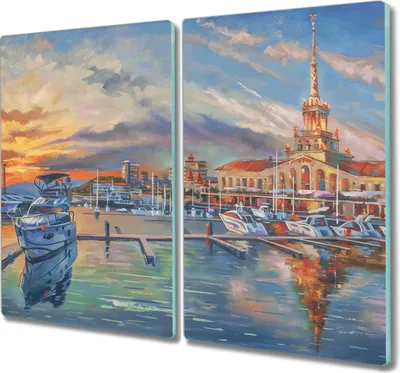 Produktbild von Coloray Hackbrett Küchenbrett Kochplattenabdeckung Schneidebrett Herdabdeckplatte 2x30x52 cm - Schiffe Sonnenuntergang
