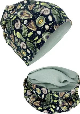 Produktbild von HECKBO T-Rex Dinosaurier Kinder Mädchen Jungen Beanie Mütze & Loop-Schal Set - Wendemütze - 2-8 Jahre - 95% Baumwolle - weiches & pflegeleichtes Stretch-Material