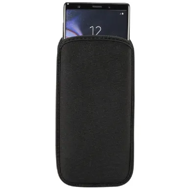 A black neoprene sleeve for a smartphone, with the top of the phone visible.