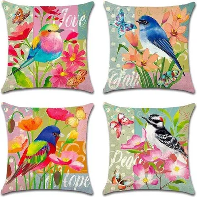 Produktbild von Famanu Kissenhüllen Set von 4 mit Blumen, Vogel und Schmetterling - 45 x 45 cm