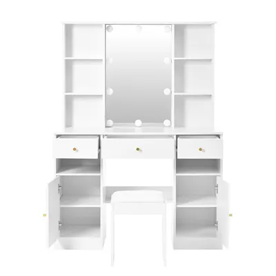 Produktbild von Flieks Schminktisch mit Spiegel, Hocker und Regal, Schminkkommode mit Schrank, Schminkspiegel mit Glühbirnen, Frisierkommode Frisiertisch Weiß