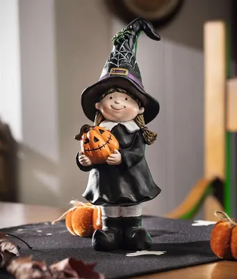 Produktbild von Dekofigur "Hexe" aus Polyresin mit Gruselkürbis, Halloweendeko 27 cm hoch, Hexenfigur schwarz, Halloween Deko