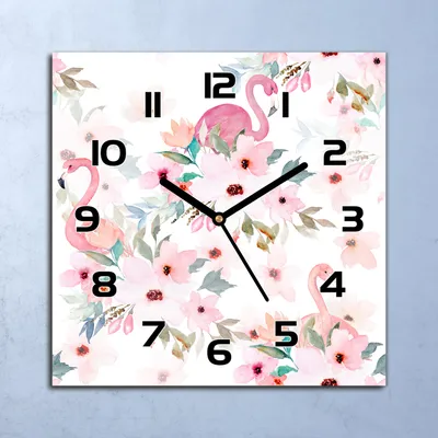 Produktbild von Wanduhr Echt-Glas-Küchenuhr Blumen und Flamingos Quarz 30x30 Deko Bilder