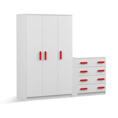 Produktbild von Drehtürenschrank und Kommode 2er-Set JONAS I 19/JONAS I 02 Weiß/Weiß rote Griffe