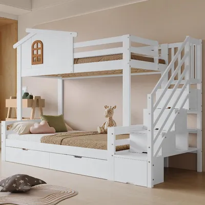 Obrázek produktu pro Dětská palanda, bílá, přírodní barva, vyrobená z borovice, MDF a překližky, rozměry 90x200 cm nebo 120x200 cm, s 2 zásuvkami a rohovým žebříkem, vhodná do dětského pokoje