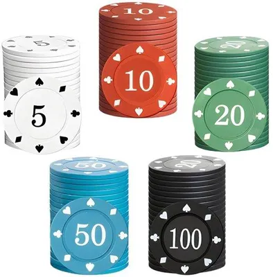 Produktbild von Kunststoff-Pokerteller 100er Set in 5 Farben, Casino-Stil, bedruckt, für Pokerabende