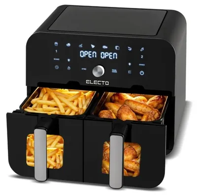 Obrázek produktu pro Fritovací trouba s horkým vzduchem, 9 litrů, dvojitá komora (2x 4,5 litru), 2400 W, 8 programů, LCD dotykové ovládání, teplota 80–200 °C