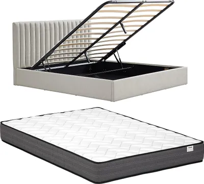 Produktbild von Bett mit Bettkasten 180 x 200 cm – Stoff – Hellgrau + Matratze – SARANELI