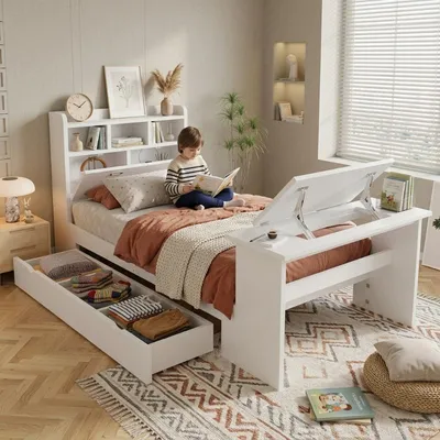 Obrázok produktu pre Rám postele 90x200 cm, biela farba. Drevená posteľ 90x200 s úložným priestorom, posteľ pre mládež s poličkou na čelnej strane a nastaviteľnou odkladacou plochou