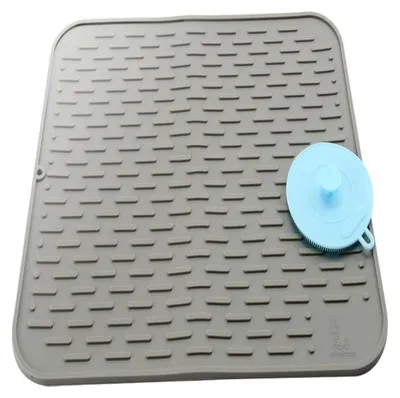 Produktbild von Große Abtropfmatte aus Silikon mit Schwamm, Silikon-Spülbürste, Abtropfmatte, Untersetzer, hitzebeständiges Küchenzubehör, 45 × 40 cm (grau)