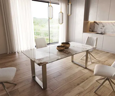 Produktbild von DELIFE Esstisch Edge 200x100 Keramik Minas Melange Weiß-Beige Edelstahl Schmal