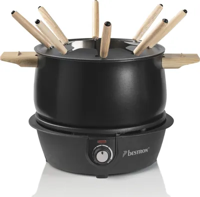 Produktbild von Bestron elektrisches Fondue Set für bis zu 8 Personen, mit 8x Fonduegabeln & stufenlosen Thermostat,  inkl. Spritzschutz, Farbe: Schwarz/Holz
