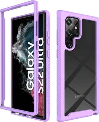 Immagine prodotto di Custodia per Samsung Galaxy S23 Ultra, copertura posteriore trasparente ibrida, paraurti in TPU robusto, custodia antiurto viola