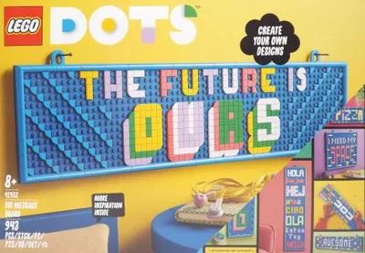 The image shows the packaging of a LEGO Dots message board set, with the product displayed prominently on the front.