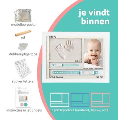 Immagine prodotto di Cornice per foto con impronte di mani e piedi | Portabraccialetto di nascita per la cameretta | Idea regalo per neonati | Decorazione per la cameretta | Regalo per le mamme