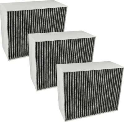 Three air filters are arranged in a staggered formation against a white background.
