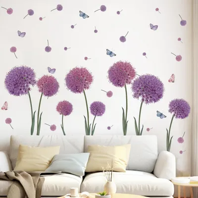 Image de Autocollant mural "pissenlit", "souci", "papillons", violet et rose, 2 feuilles, 90x30 cm