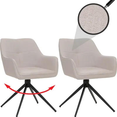 Image de lot de 2 chaises de salle à manger HWC-O47, chaise de cuisine avec accoudoirs, pivotante Auto-Return, tissu/textile (270g/m²) ~ blanc crème