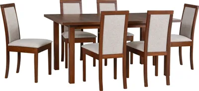 Produktbild von Esstischgarnitur, Esszimmerstühle aus Buchenholz, Esstischen und Stühlen, moderne Esszimmer- und Küchenstühle, Esstischmöbel, Esstisch mit Stühle - Set 6x Stuhl  ROMA 4 Nussbaum Tisch MODENA 2
