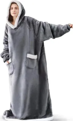 Immagine prodotto di Coperta con cappuccio, tessuto peluche, tasca grande, 150 cm, grigio