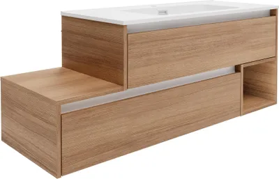 Produktbild von FACKELMANN VITA Waschbecken mit Unterschrank  129 cm, Braun hell, Gussmarmor Weiß matt, Ablage links, asymmetrisch für modernes Bad