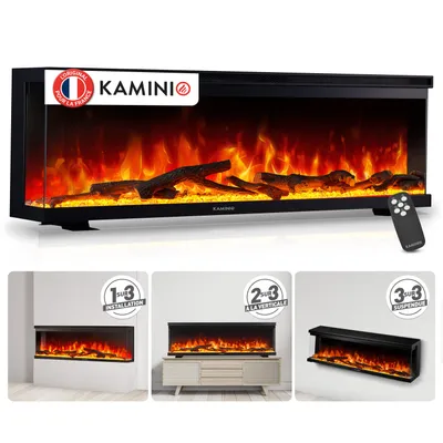 Image de Cheminée électrique KAMINIO LEA - Cheminée électrique 3 en 1 avec vue panoramique, chauffage, effet flamme 3D, 12 couleurs de flamme, télécommande - 60 pouces, Image générée par une IA