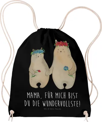 Produktbild von Mr. & Mrs. Panda Jutebeutel Bären mit Blumenkranz - Schwarz - Geschenk, wander rucksack, Kinder, gym, Muttertag, Family, Beutel, Mama, Turnbeutel, leichter, Mutter