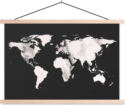 Produktbild von MuchoWow® Textilposter Weltkarte - Marmor - Weiß 120x80 cm mit holzfarbenen Rahmen - Aufhängeset