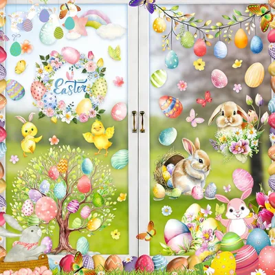 Produktbild von 9 Bögen Fensterbilder für den Frühling – Frohe Ostern, wiederverwendbare, selbstklebende Fensterdekoration mit beidseitigem Druck, Ostereier, Karikaturhasen, Blumen und Schmetterlinge